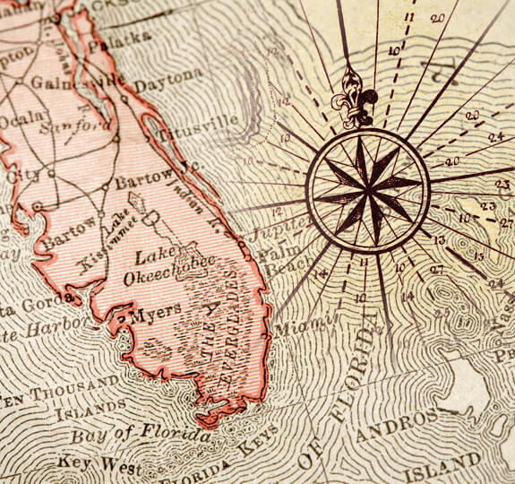 Map of Souther Florida with compass rose